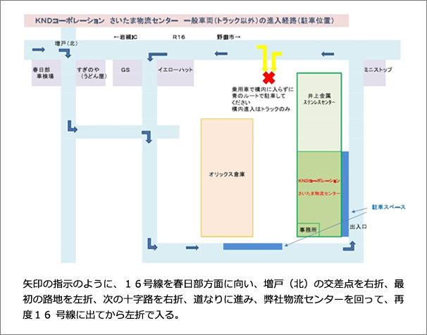 矢印の指示のように、16号線を春日部方面に向い、増戸(北)の交差点を右折、最初の路地を左折、次の十字路を右折、道なりに進み、弊社物流センターを回って、再度16 号線に出てから左折で入る。